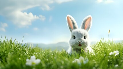 Obraz premium Cute bunny on green grass against blue sky. Easter holiday concept.