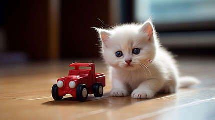 A small white kitten lies on its back and plays funny with a red toy car  - obrazy, fototapety, plakaty