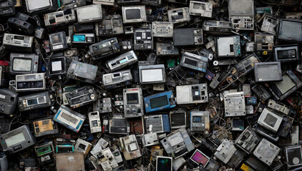 Piles of eWaste. Ecology and save nature concept, post-apocalyptic concept. Banner, poster, flyer, wallpaper. 