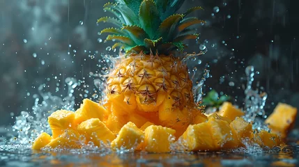 Fotobehang Fresh pineapple and splashing water on a dark background. vibrant tropical fruit image perfect for food blogs. juicy and fresh visual. AI © Irina Ukrainets