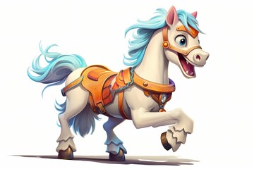 A small, white cartoon horse with a colorful saddle, trotting happily, isolated on a white solid background