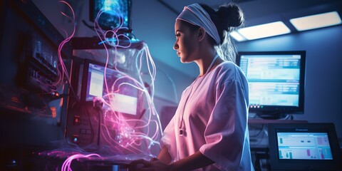 Female medical professional operating advanced machinery in a high-tech environment. modern healthcare and technology in action. AI