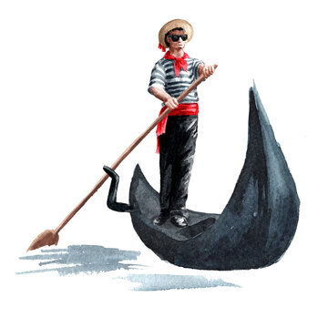 Welome to Venice card. Venetian gondolier in traditional clothes, in a gondola with flowers. Hand drawn watercolor illustration isolated on white background 