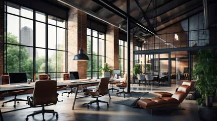 Modern office interior in loft industrial style 3d render, architecture, building, interior, warehouse, bridge, structure, construction, empty, road, industrial, factory, business, industry, city