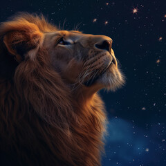 the lion with his head up looking at the stars in a night sky, in the style of dark azure and sky-blue