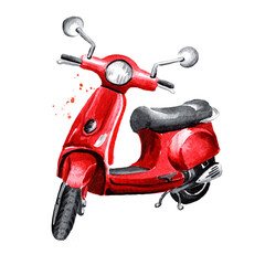 Red parked motorbike, scooter, moped. Hand drawn watercolor illustration isolated on white background  © dariaustiugova