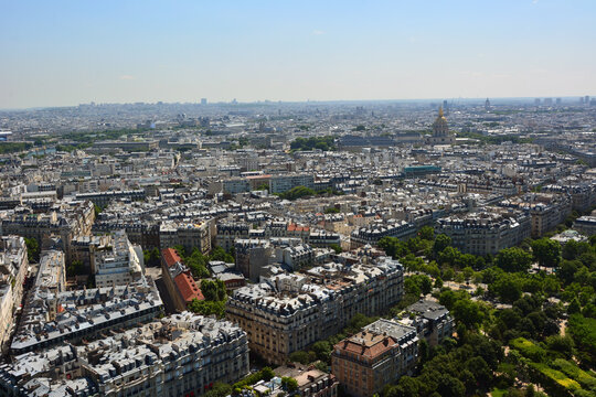 View from a drone of the city of Paris, the capital of France. The old part of the city