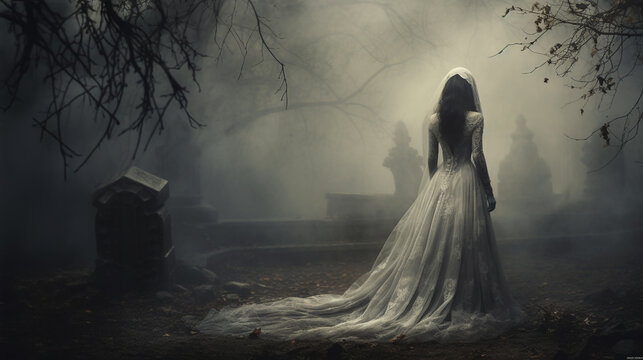 La Llorona vengeful bride ghost standing in a graveyard