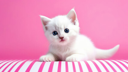 small white kitten on pink background, cartoon style, Funny animal for banner, flayer, poster, card with copy space, National Pet Day. 11 April