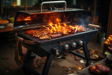 Hot empty portable barbecue with fire on fire and coal, generative IA