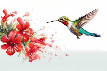 A vibrant hummingbird sipping nectar from a flower, isolated on white solid background