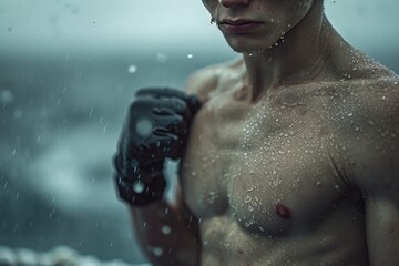 Close-up cropped portrait of a young male shirtless bodybuilder with black gloves. Teenage athlete with drops of water on the body against dark urban background. Toned.