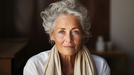 Portrait of a dignified elderly woman with elegant silver hair and scarf. - obrazy, fototapety, plakaty