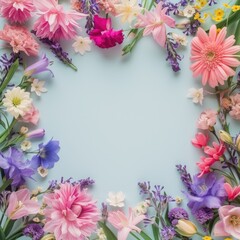 Obraz na płótnie Canvas Top down view frame of bright spring flowers