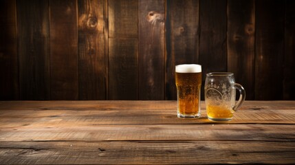 Beer glasses on a wooden table. Beer background. Beer background.