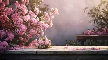 a serene garden scene featuring pink flowers meticulously arranged on a simple background, a banner-like composition with ample space for text placement.