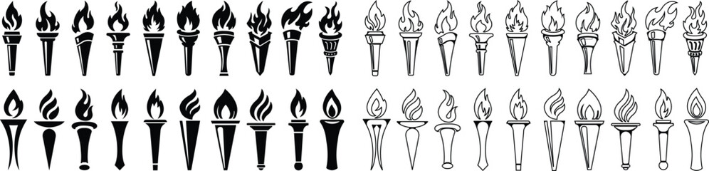 Torch and flame icons in flat, line style set. isolated on transparent background symbol of victory, success or achievement. Olympic burning torch in the Eiffel Tower. World Games. vector for app web - obrazy, fototapety, plakaty