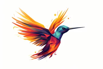 Crédence de cuisine en verre imprimé Colibri A vibrant, stylized hummingbird face emblem with minimalist shapes and an eye-catching color palette. Isolated on white background
