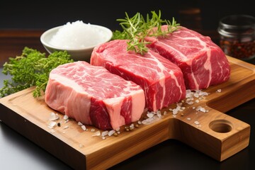 Raw alkatra beef steaks on the wooden plate with fork and meat knife. White background. View of the top., generative IA