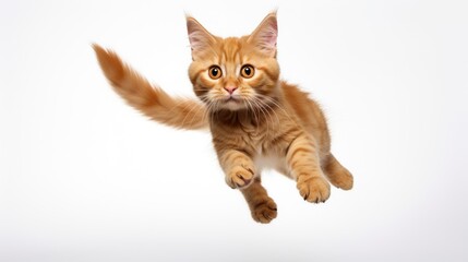 Fototapeta premium Cat captured in mid-jump on a clean white background, showcasing its agility and grace in a dynamic pose