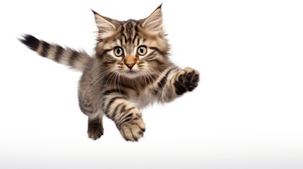 Fototapeta premium Cat captured in mid-jump on a clean white background, showcasing its agility and grace in a dynamic pose