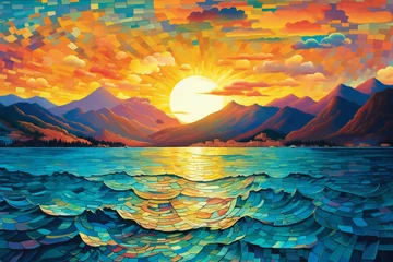 Foto auf Acrylglas Orange Beautiful sunset over a lake with mountains in the background,  Digital painting