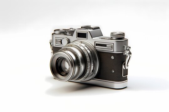A vintage film camera isolated on a white solid background