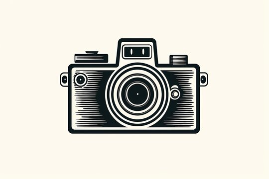 A vintage-style stamp featuring a minimalistic illustration of a camera, symbolizing photography and capturing memories, isolated on a white solid background