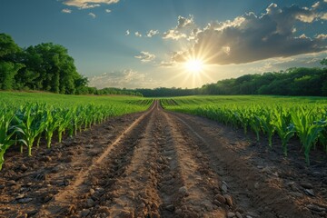 Watering of wheat, rye or corn green seedlings in a vast field. Modern automated agriculture system with irrigation sprinklers spraying water over lush crops on beautiful sky background. - obrazy, fototapety, plakaty