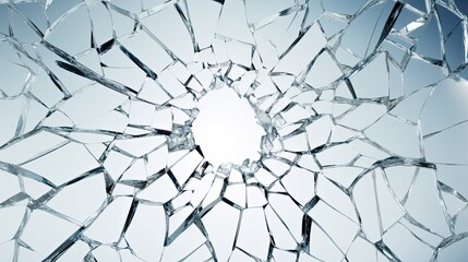 a broken window, focusing on the shattered glass and the central hole resulting from impact, the raw and chaotic nature of the shattered glass against a backdrop of the surrounding environment.