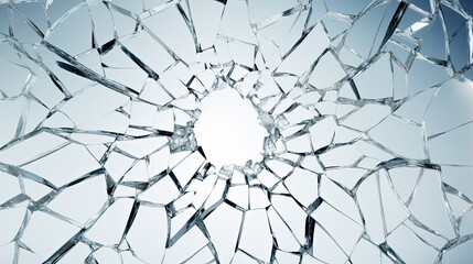 Obraz premium a broken window, focusing on the shattered glass and the central hole resulting from impact, the raw and chaotic nature of the shattered glass against a backdrop of the surrounding environment.