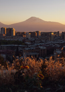 Stunning view of Mount Ararat and the city of Yerevan. Beautiful sunset. Vertical photo
