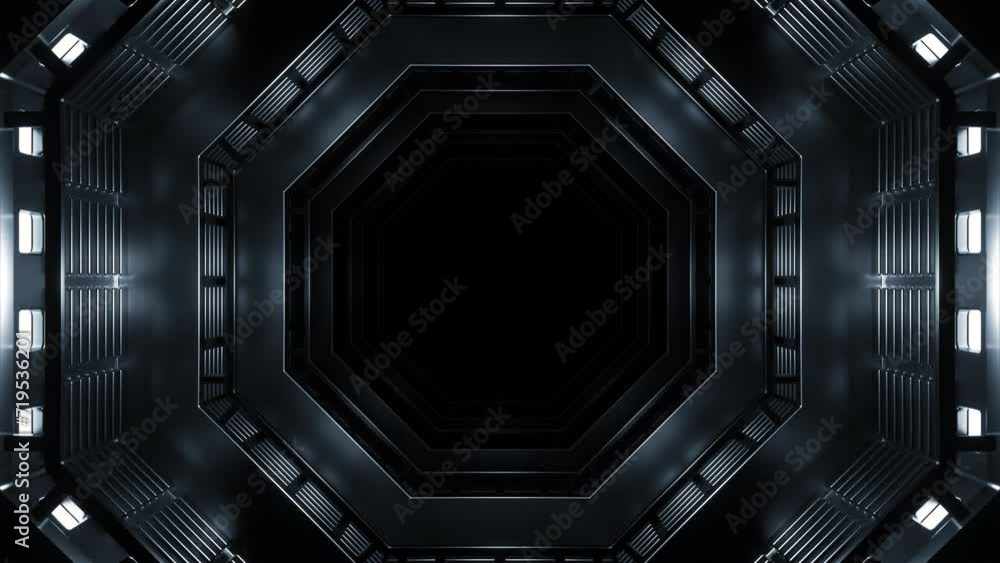 Poster dark space tunnel with flashing lights. design. octagonal shape of metal tunnel. 3d spaceship tunnel
