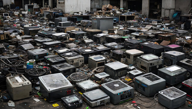 Piles of eWaste. Ecology and save nature concept, post-apocalyptic concept. Banner, poster, flyer, wallpaper. 