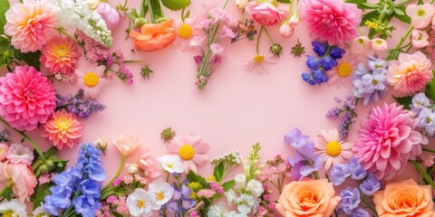 Top down view frame of bright spring flowers