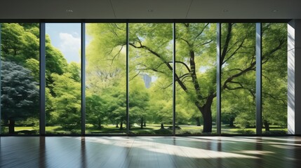 through floor-to-ceiling windows, showcasing the lush green grass and dense woods of a city park beyond.