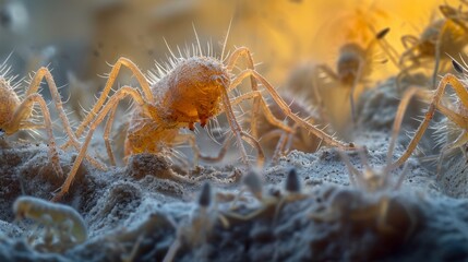 Mites and microarthropods crawling through the microscopic view soil environment. - obrazy, fototapety, plakaty