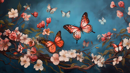 A painting of flowers and butterflies on a blue background'