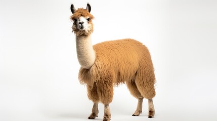 Studio portrait of a cute llama isolated on a white background, capturing the adorable and domestic beauty of this furry farm animal
