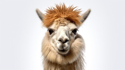 Fototapeta premium Studio portrait of a cute llama isolated on a white background, capturing the adorable and domestic beauty of this furry farm animal