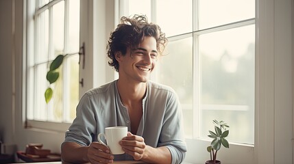 a young Hispanic man smiling with confidence as he enjoys a cup of coffee at home, while gazing thoughtfully out of a window, the warmth in his expression and the comfort of his surroundings. - obrazy, fototapety, plakaty