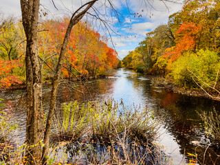 Bright fall day overlooking the Charles River in Dover, Massachusetts