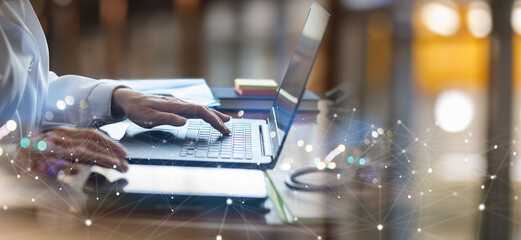 A doctor is working on a laptop in a office environment.