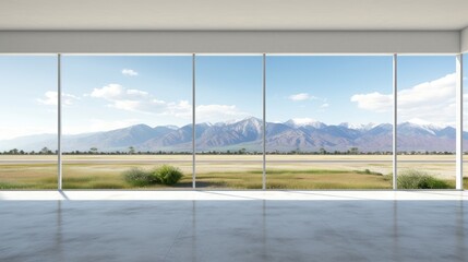 an empty room featuring a stunning view of a vast field and majestic mountains, the tranquility and serenity of the scene, emphasizing the seamless integration of indoor and outdoor spaces.