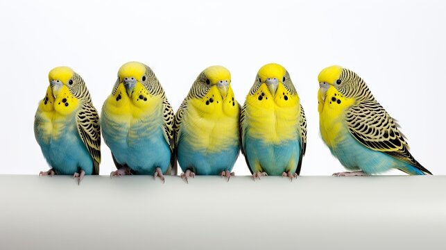 Budgerigars isolated on a white background, showcasing the vibrant and small avian beauty of these pet parakeets