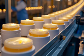 Rows of skincare cream jars on a factory production line, showing the automation process in manufacturing., suitable for industrial or technological themes.