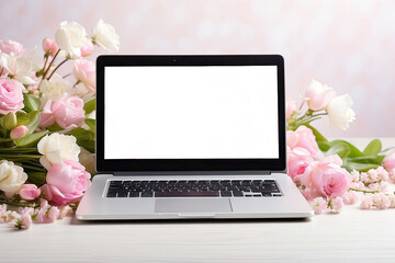 Laptop with a white screen mock up on spring blooming background on table in apple orchard. Seasonal remote work, internet, shopping, spring time.  - obrazy, fototapety, plakaty