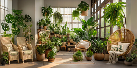 Fototapeta na wymiar Interior of the living room of a green house, a winter garden, a glazed veranda in eco-style made of natural materials and many homemade potted plants in wicker flowerpot.