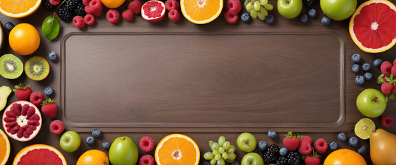 Fruits variety, top view, fruits spilled on a table, healthy eating banners, bio - generative ai - obrazy, fototapety, plakaty