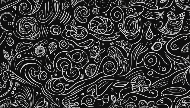 Fun black line doodle seamless pattern. Creative minimalist style art background for children or trendy design with basic shapes. Simple childish scribble backdrop.